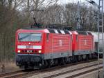 Doppeltraktion MEG 603 (91 80 6143 851-4 D-MEG, Bj.1988) + MEG 602 (91 80 6143 204-6 D-MEG, Bj.1987) mit Silowagenganzzug Winter 2008 M�hlenbeck-M�nchm�hle.