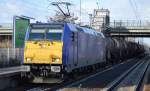 RBB 146 522-8 mit Kesselwagenzug (geschmolzenes Schwefel) am 28.01.16 Berlin-Hohenschönhausen.