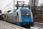 alex 183 004 (91 80 6183 004-1 D-VBG) mit Werbeaufdruck (in eigener Sache) als Mietlok von ODEG als Schublok des RE4 Richtung Ludwigsfelde, 17.01.13 Bhf. Berlin-Jungfernheide. 
