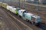 Captrain/ITL 185 CL-005 (185 505-5) ist Mittags mit einem Containerzug gegenüber dem Berliner Westhafen angekommen und wird von BEHALA Lok 277 406-5 zum Hafengelände transportiert, 20.03.15