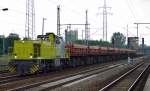 Alpha Train Mietlok 1138 (92 80 1275 119-6 D-LOCON) der LOCON mit einem Zug Schüttgutkippwagen + Drehgestell-Flachwagen mit Sandbefüllung am 09.07.14 Bhf.