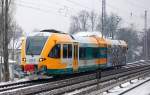 ODEG VT 646.043 Richtung Eberswalde, leider ist das hintere Teil des Triebzuges nicht mit einer neuen Werbefolie beklebt (wie erst vermutet) sondern wie leider fast schon üblich beschmiert,