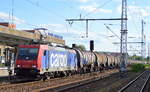 HSL mit Re 482 041-1 und Kesselwagenzug (leer)Richtung Stendel Durchfahrt Bf.