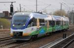 Der VT 643.16 der NEB nun seit einigen Tagen in den neuen Farben mit dem Slogan 111 Jahre Heidekrautbahn als NE27 zwischen Berlin-Gesundbrunnen und Wandlitzsee unterwegs, 03.04.12 Berlin-Blankenburg.