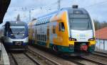 Im direkten Vergleich sind die unterschiedlichen Größendimensionen gewaltig, ein NEB Talent VT 731 als RB27 nach Wensickendorf und ein vorbeifahrender ODEG Doppelstock-Kiss ET 445.101 zur